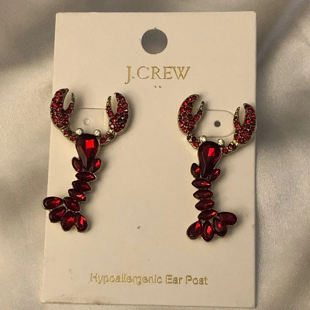 J. Crew Factory Silver Tone & Red Crystal Encrusted Lobster Drop Earrings NWT
